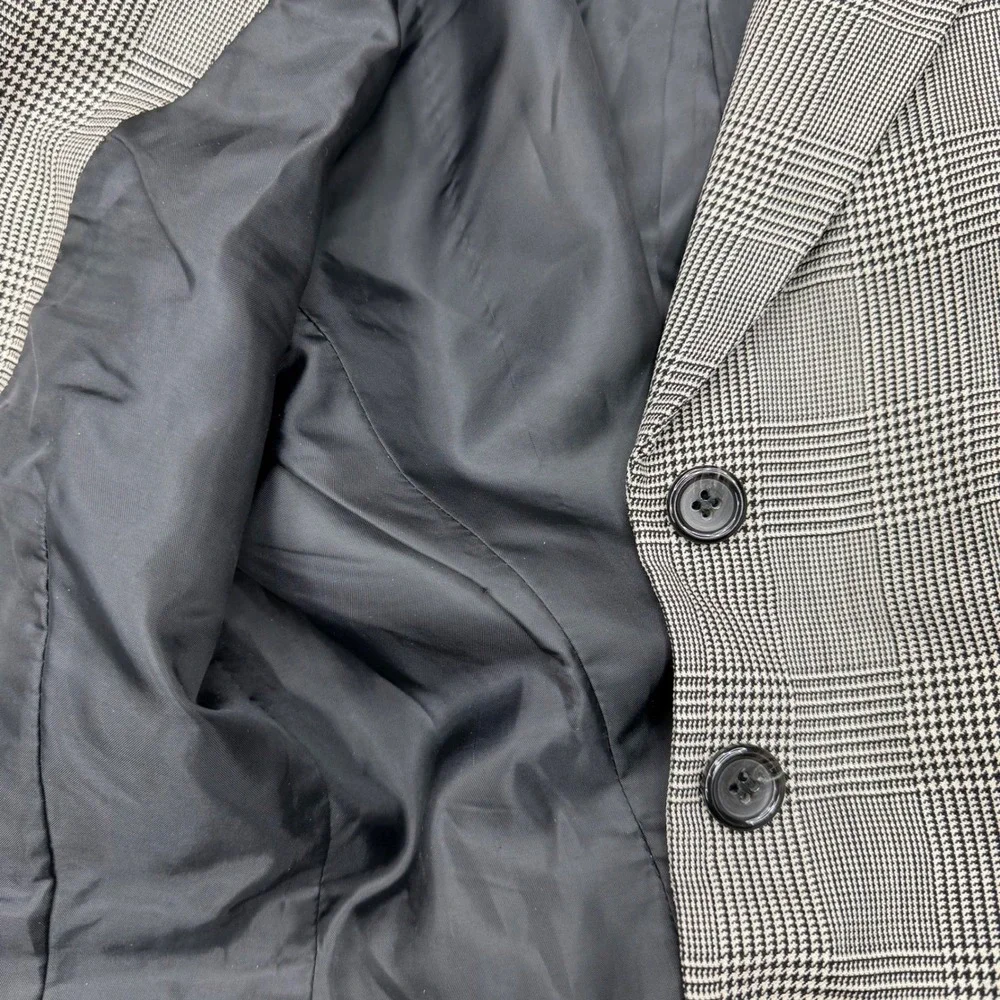 100% Wool Blazer Jacket Petite 4P 3-Button‎ Grey Glen Plaid Office Career